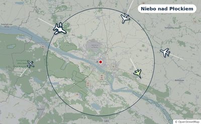 Mapa okolic miasta z sylwetkami samolotów — Niebo nad Płockiem na żywo