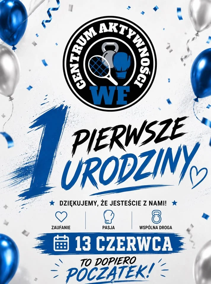 Grafika promocyjna wydarzenia 1. Urodziny Centrum Aktywności WF w Płocku