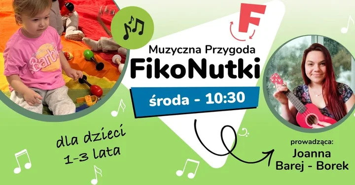 Grafika promocyjna wydarzenia FikoNutki — zajęcia umuzykalniające dla maluchów (1–3 lata)