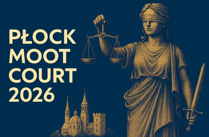 Grafika promocyjna wydarzenia Płock Moot Court 2026 — finał konkursu 14 kwietnia w Sądzie Rejonowym w Płocku