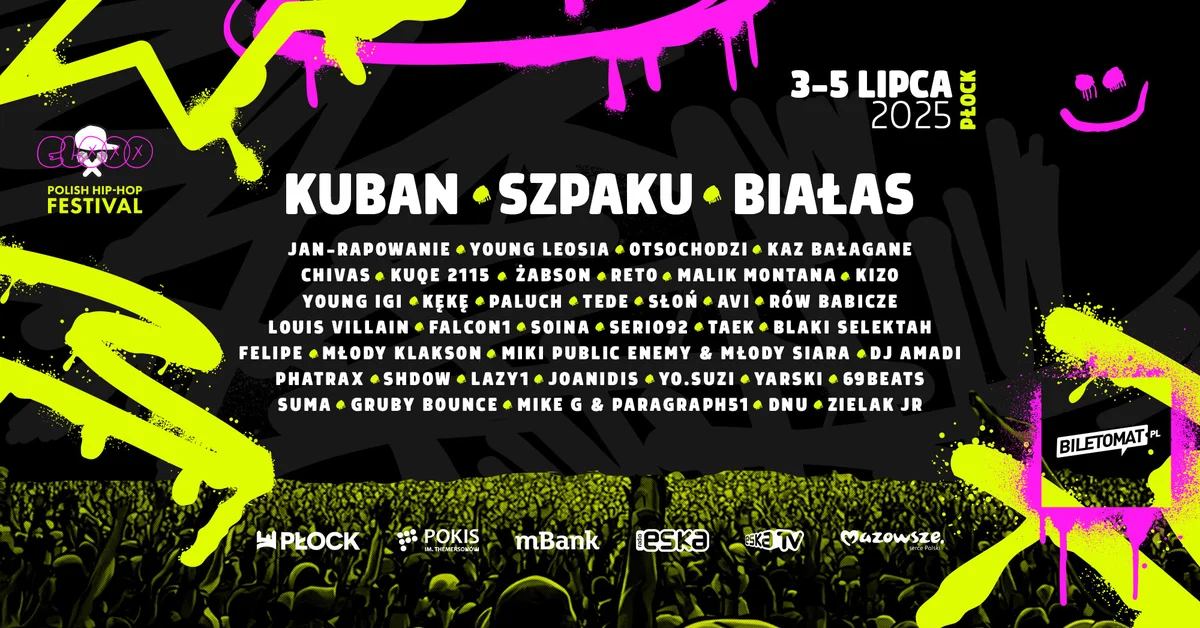 Grafika promocyjna wydarzenia Hip-Hopowy Festiwal w Płocku – letnia edycja 2025