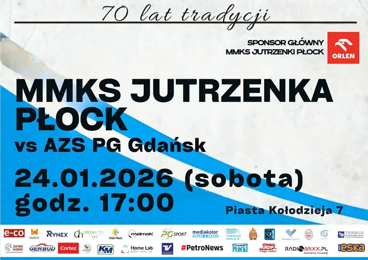 Grafika promocyjna wydarzenia MMKS Jutrzenka Płock – AZS PG Gdańsk (X kolejka I ligi kobiet, grupa A)