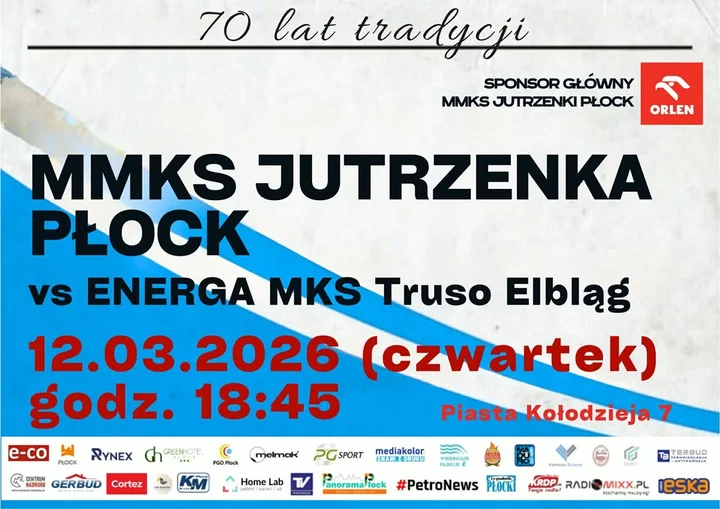 Grafika promocyjna wydarzenia MMKS Jutrzenka Płock vs ENERGA MKS Truso Elbląg — zaległe spotkanie XII kolejki