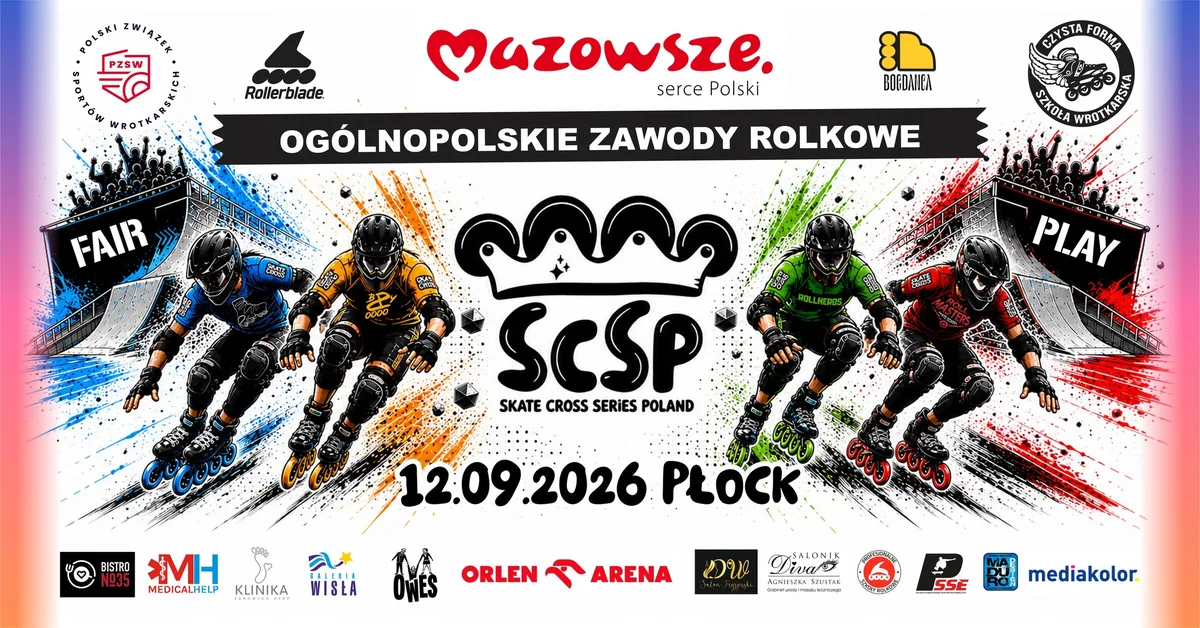 Grafika promocyjna wydarzenia Ogólnopolskie zawody rolkowe SKATE CROSS SERIESS POLAND – Płock: wielkie emocje