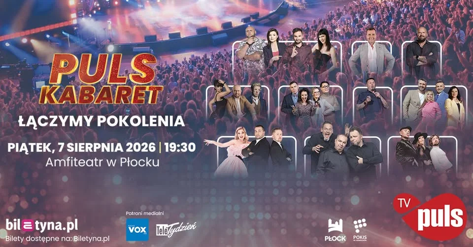Grafika promocyjna wydarzenia Puls Kabaret w Płocku. Kabaretowe spotkanie pokoleń w amfiteatrze