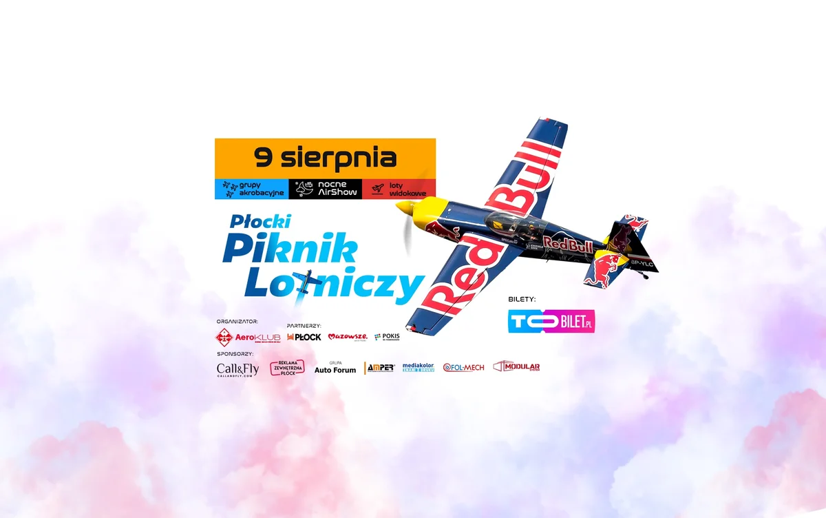 Grafika promocyjna wydarzenia Pokazy i atrakcje lotnicze na Lotnisku Płock w sierpniu 2025