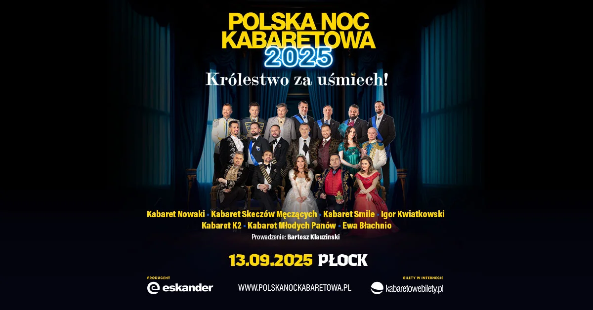 Grafika promocyjna wydarzenia Polska Noc Kabaretowa 2025 w Płocku – przegląd kabaretów i szczegóły wydarzenia