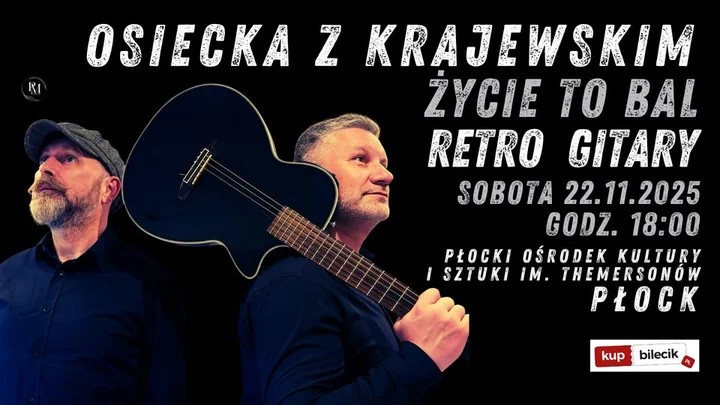 Obrazek przedstawia grafikę promocyjną wydarzenia Koncert Retro Gitary — „Życie to bal” w Płocku