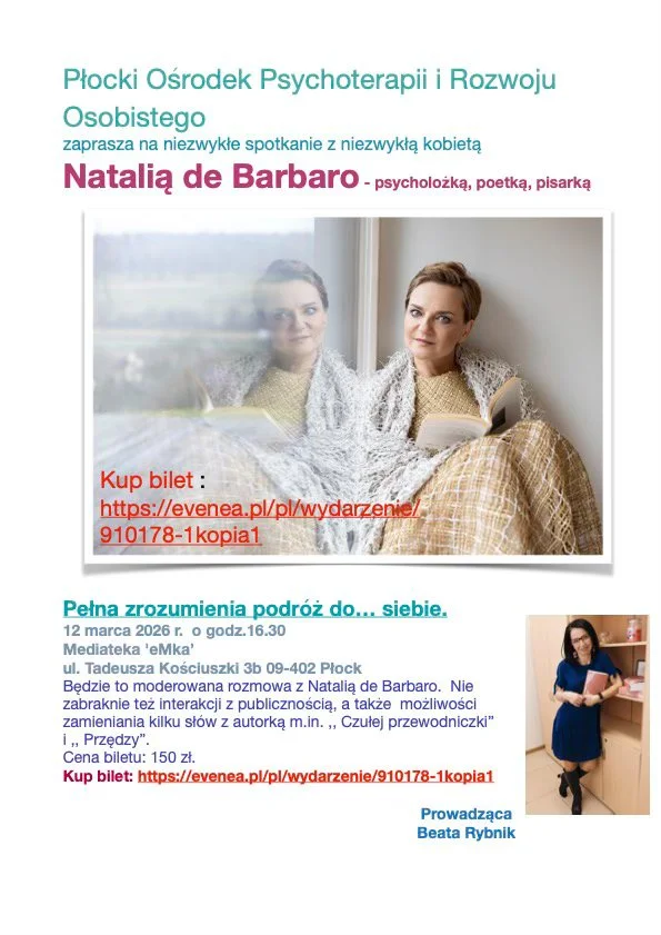 Grafika promocyjna wydarzenia Spotkanie z Natalią de Barbaro w Płocku