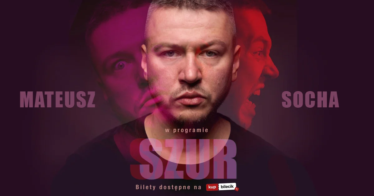 Grafika promocyjna wydarzenia Stand-up Mateusza Sochy w Płocku