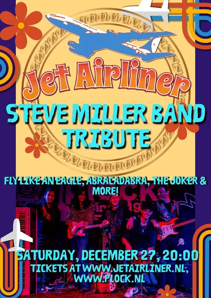 Grafika promocyjna wydarzenia Steve Miller Band tribute Jet Airliner — koncert na żywo w Volkel