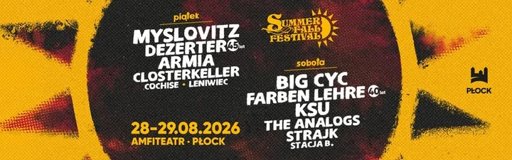 Grafika promocyjna wydarzenia Summer Fall Festival 2026 w Płocku — rockowe dwa dni w amfiteatrze