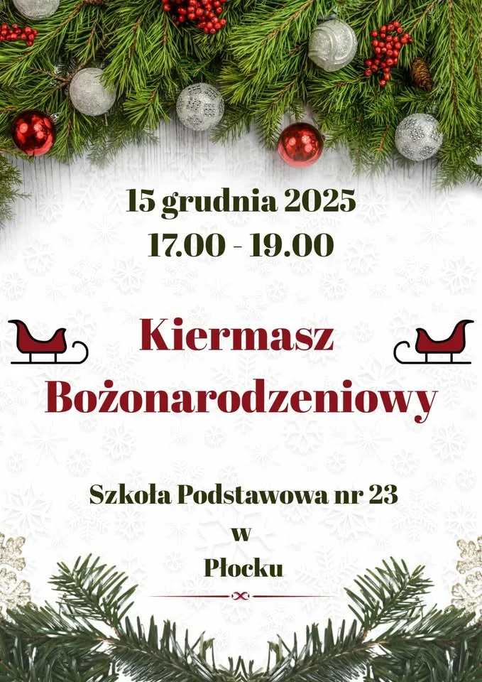 Grafika promocyjna wydarzenia Szkolny Kiermasz Świąteczny w SP 23 Płock