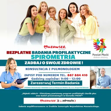 Grafika promocyjna wydarzenia Bezpłatne badania profilaktyczne – spirometria i konsultacja pulmonologiczna