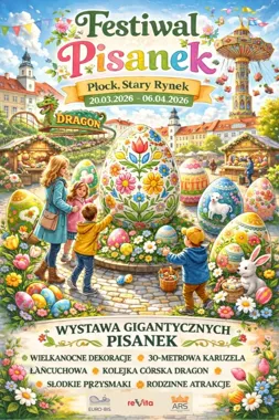Grafika promocyjna wydarzenia Festiwal Pisanek w Płocku — wystawa gigantycznych pisanek na Starym Rynku