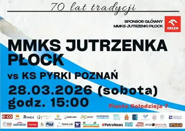 Grafika promocyjna wydarzenia MMKS Jutrzenka Płock vs KS Pyrki Poznań – I Liga Kobiet (XVI seria)
