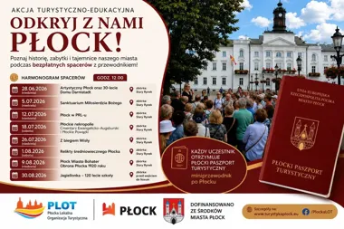 Grafika promocyjna wydarzenia Odkryj z nami Płock – letnie spacery z przewodnikiem po mieście