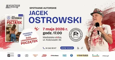 Grafika promocyjna wydarzenia Spotkanie autorskie z Jackiem Ostrowskim w Płocku. Seria z papugą wraca do Mediateki eMka