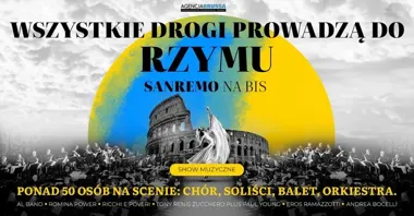 Grafika promocyjna wydarzenia Wszystkie Drogi Prowadzą do Rzymu – San Remo na bis w Płocku. Włoski koncert w Teatrze Dramatycznym