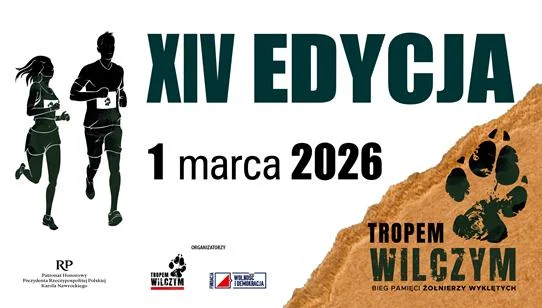 Grafika promocyjna wydarzenia Tropem Wilczym 2026 w Płocku (Radotki) — bieg pamięci