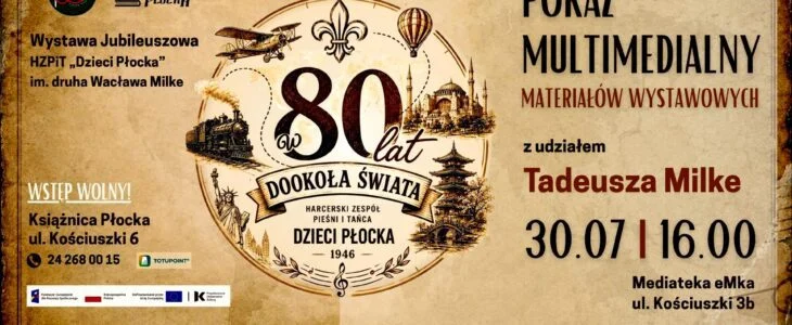 Grafika promocyjna wydarzenia W 80 lat dookoła świata – pokaz multimedialny materiałów wystawowych