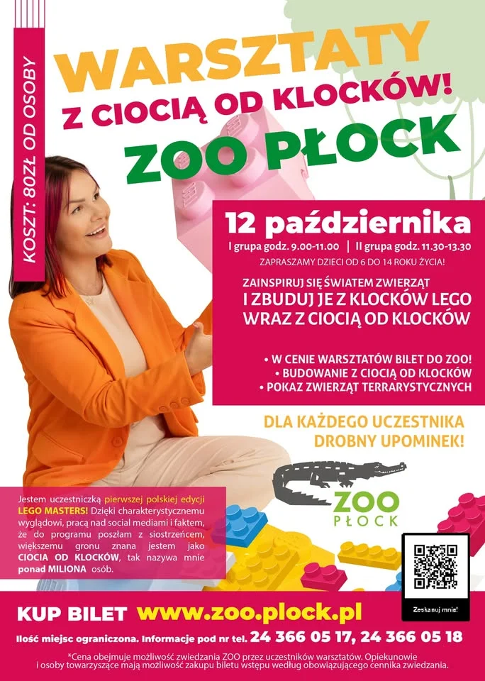 Obrazek przedstawia grafikę promocyjną wydarzenia Warsztaty budowania zwierząt z klocków LEGO w ZOO Płock