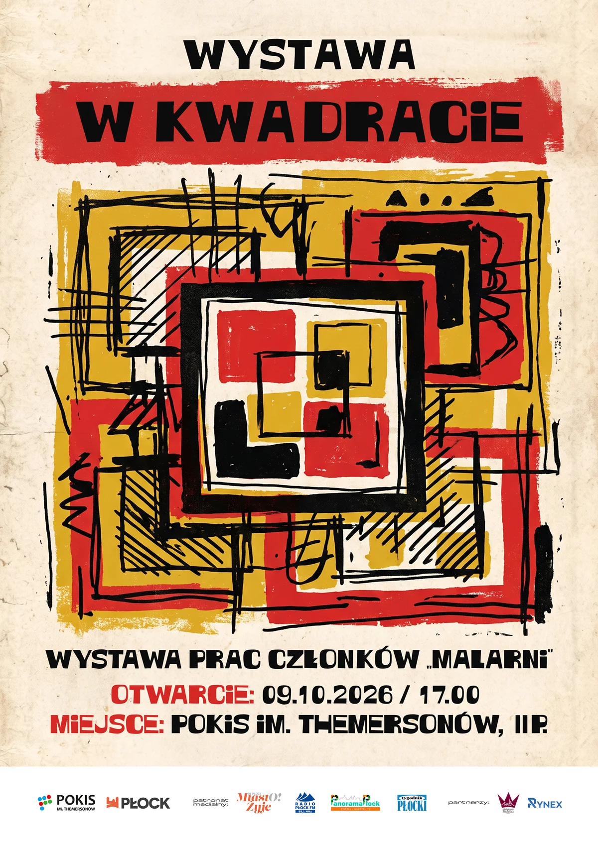 Grafika promocyjna wydarzenia Wystawa prac członków Malarni „W kwadracie”
