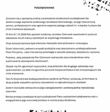 Dzielnicowy z Płocka pomógł mieszkance. Do komendy wpłynęły podziękowania