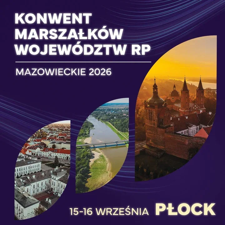 Plakat promujący Konwent Marszałków Województw RP – Mazowieckie 2026, który odbędzie się 15-16 września w Płocku, z widokami miasta i katedry.