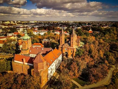 Widok z lotu ptaka na zabytkowy zespół katedralny z czerwonymi dachami i wieżami otoczony jesiennymi drzewami, w tle rozległe miasto pod chmurnym niebem.