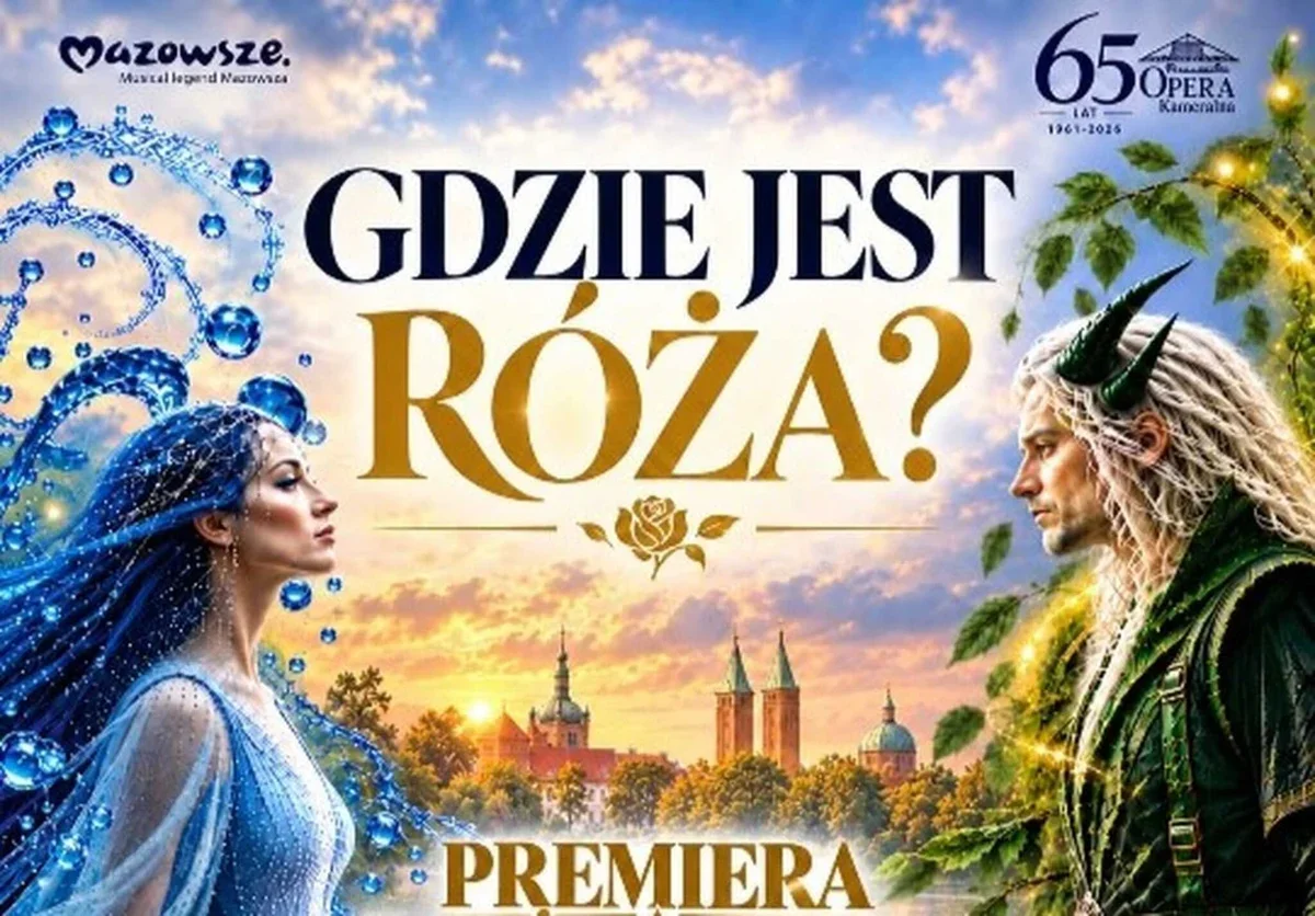 Plakat promujący premierę spektaklu „Gdzie jest Róża?” z okazji 65-lecia Opery Kameralnej, z postaciami fantastycznymi na tle zachodu słońca nad miastem.